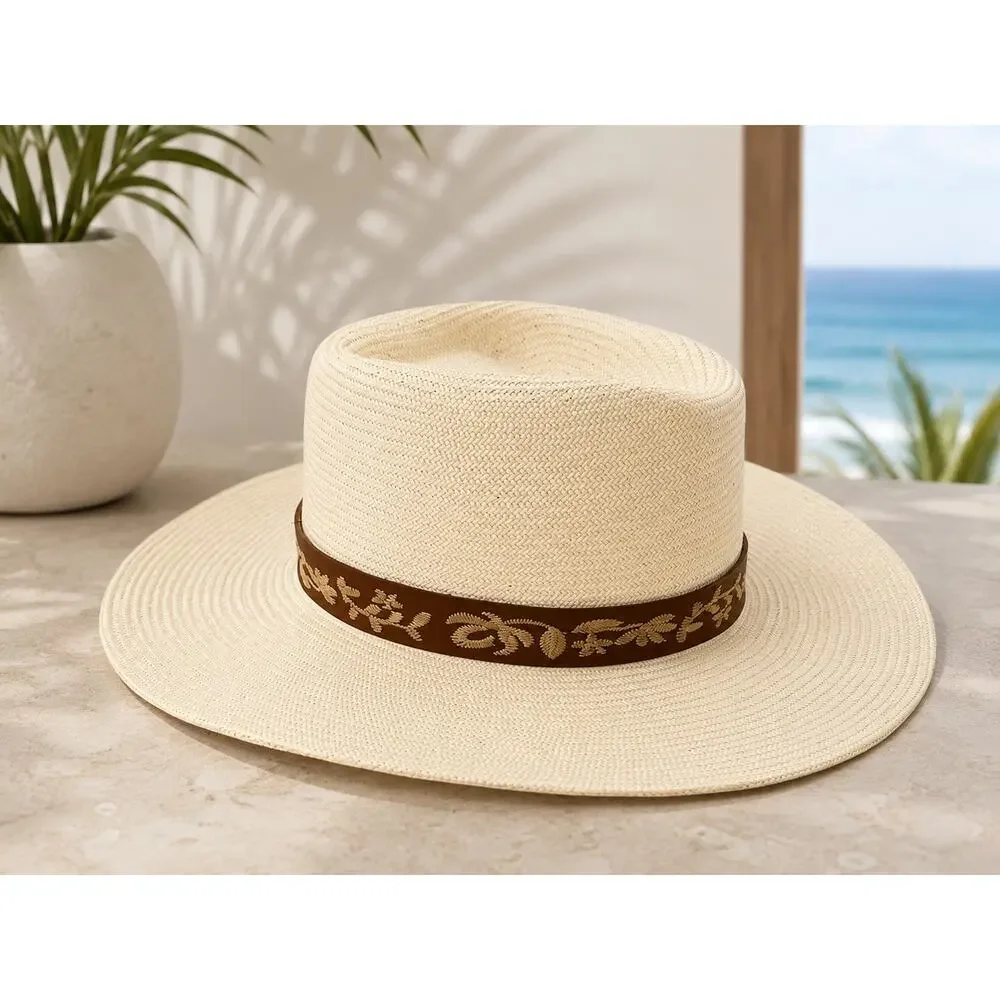 Wyeth Remy Straw Fedora in Cream with Floral / Hawaiian embroidered band